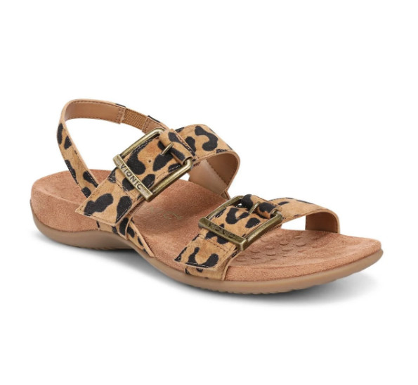VIONIC Reese Slingback Sandal – Tan Leopard Print Suede, Medium (NEW)