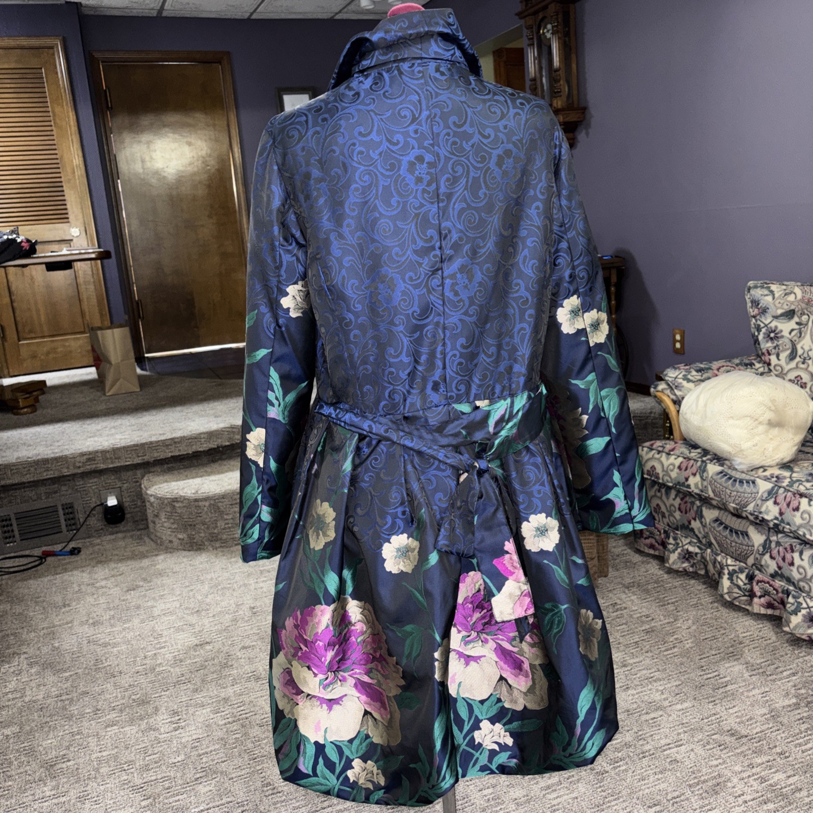 Samuel Dong Bubble Coat Trench Dress Womens Size L Blue Floral