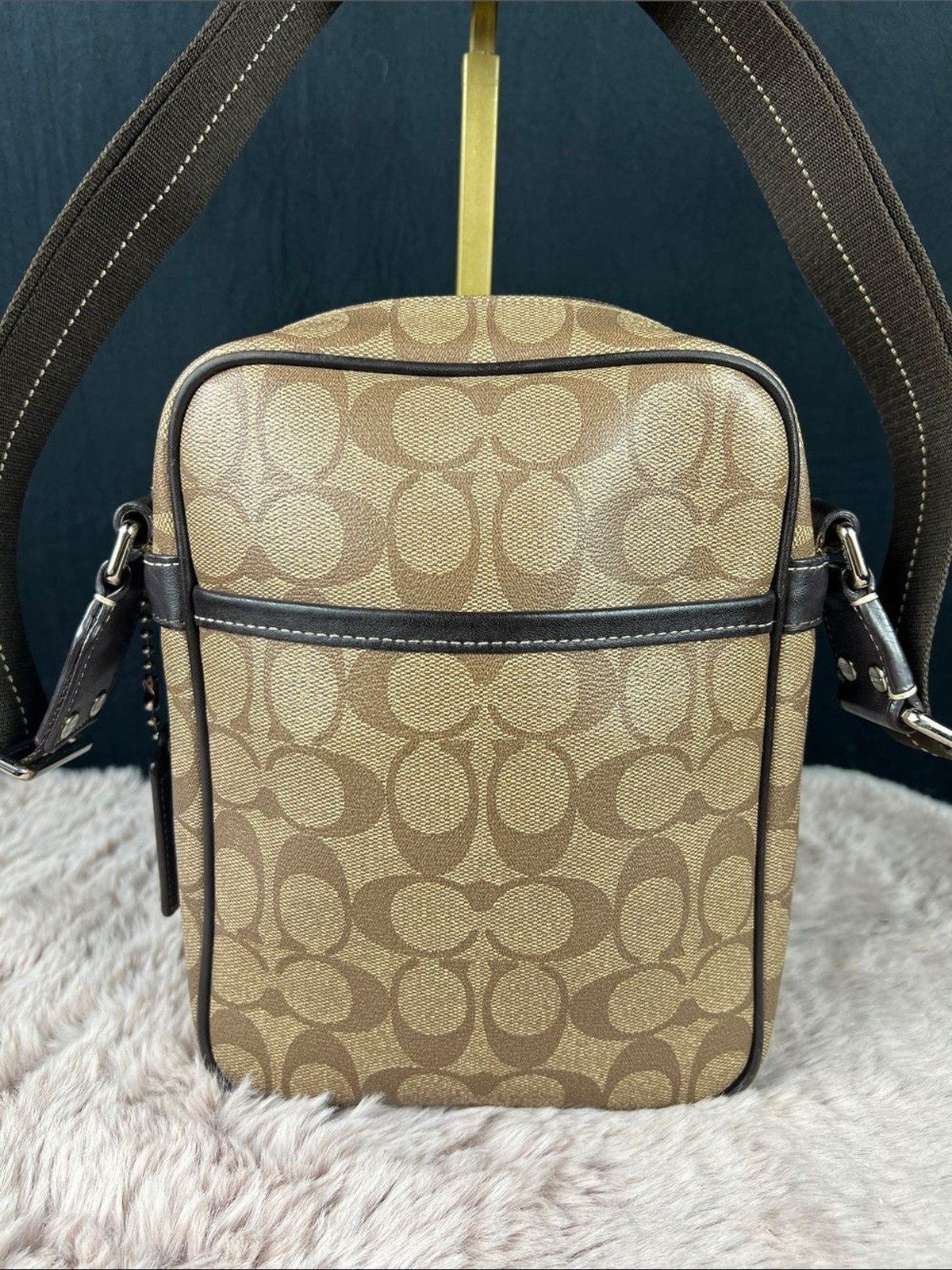 Coach Heritage Stripe Flight Bag F70589 Signature Canvas Crossbody Brown Khaki E