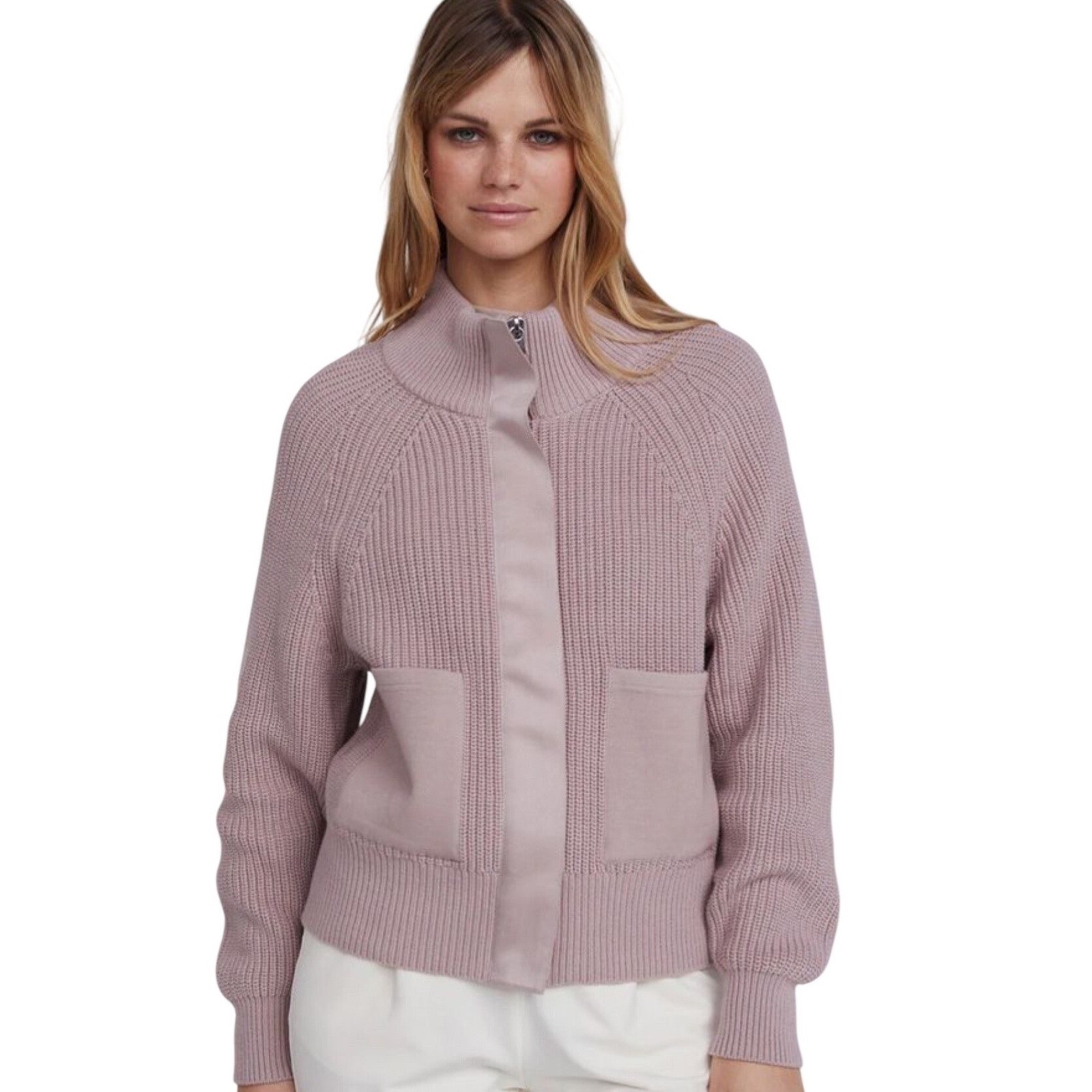 Varley Delfern Jacket XL Pink Rib Knit Zip Front Sweater Cardigan