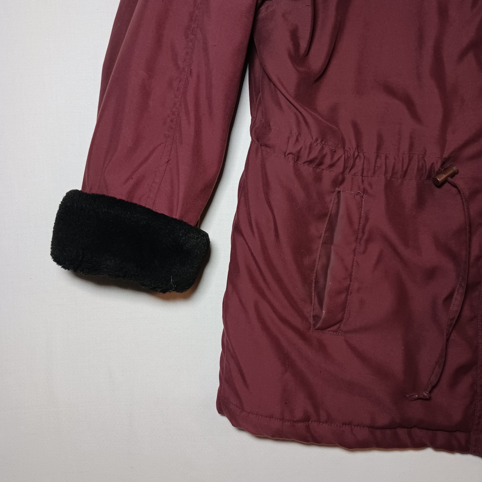 Vintage Larry Levine Womens Microfibre Coat Medium Burgundy Faux Fur Trim