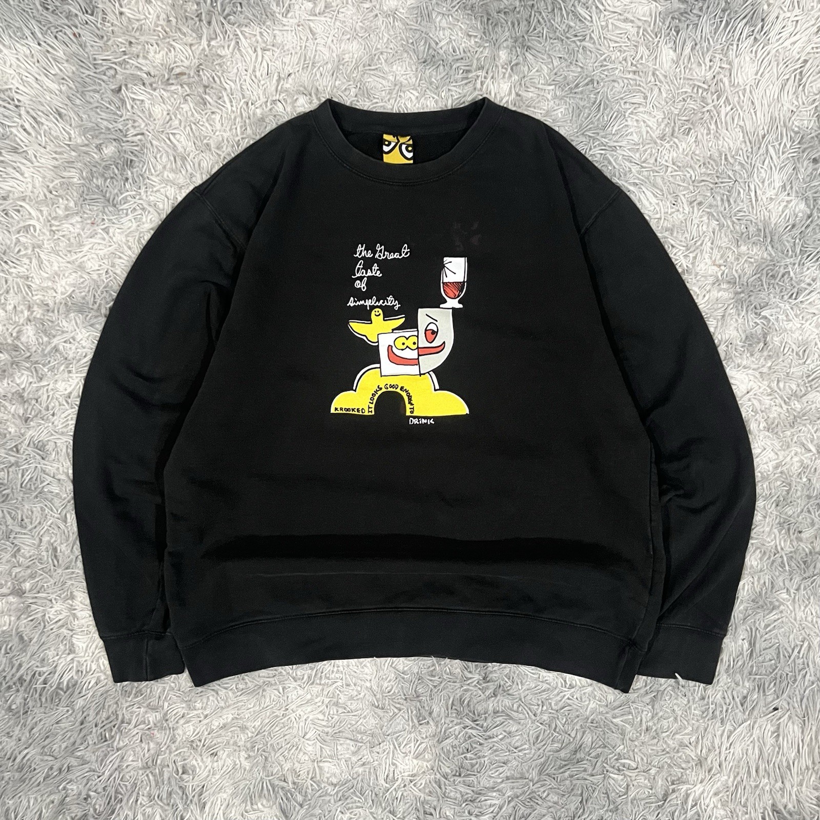 VTG Y2K KROOKED Skateboard Men’s XL Sweatshirt Crewneck Black Faded *Stained*