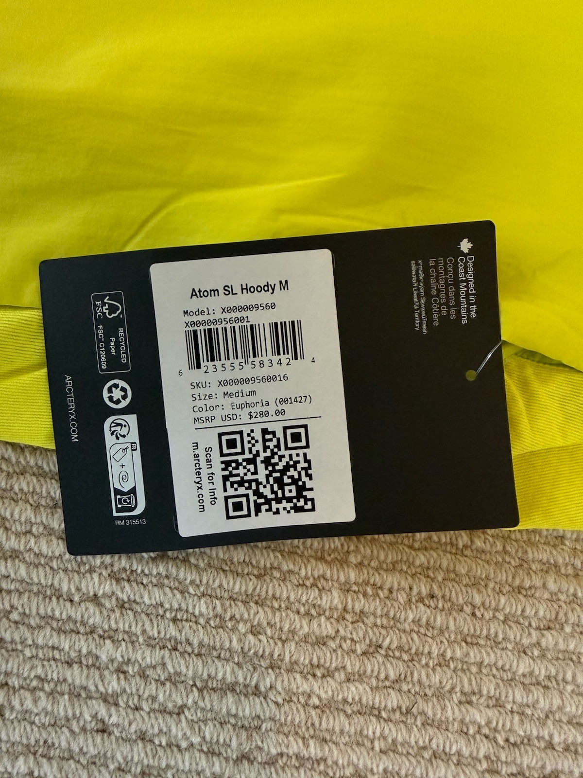 Arc’teryx Atom SL Hoody – Men’s Medium – Euphoria Color