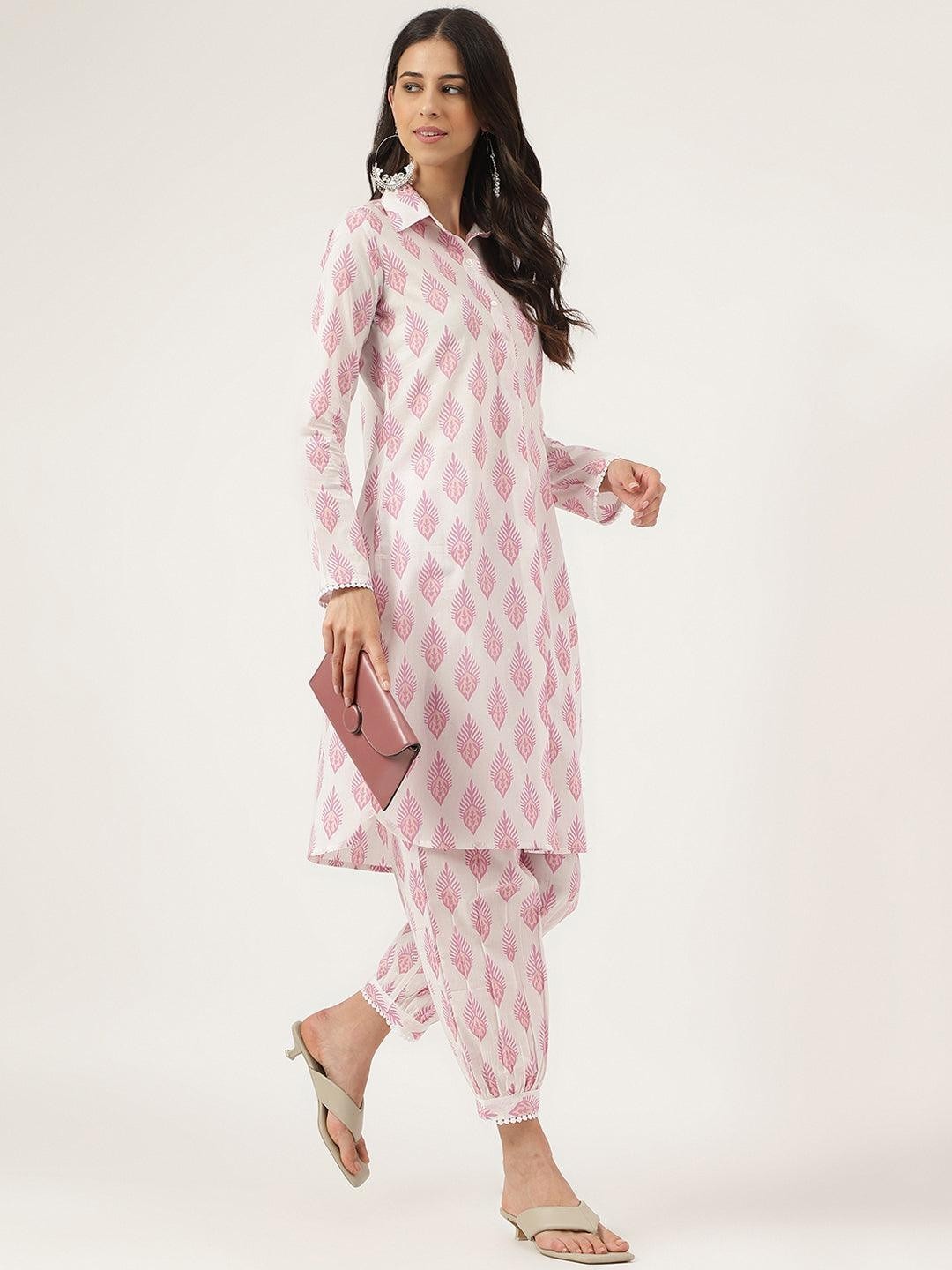 White Cotton Straight Kurta Hem Cuffed Pant Co-Ord Set for Women Plus Size