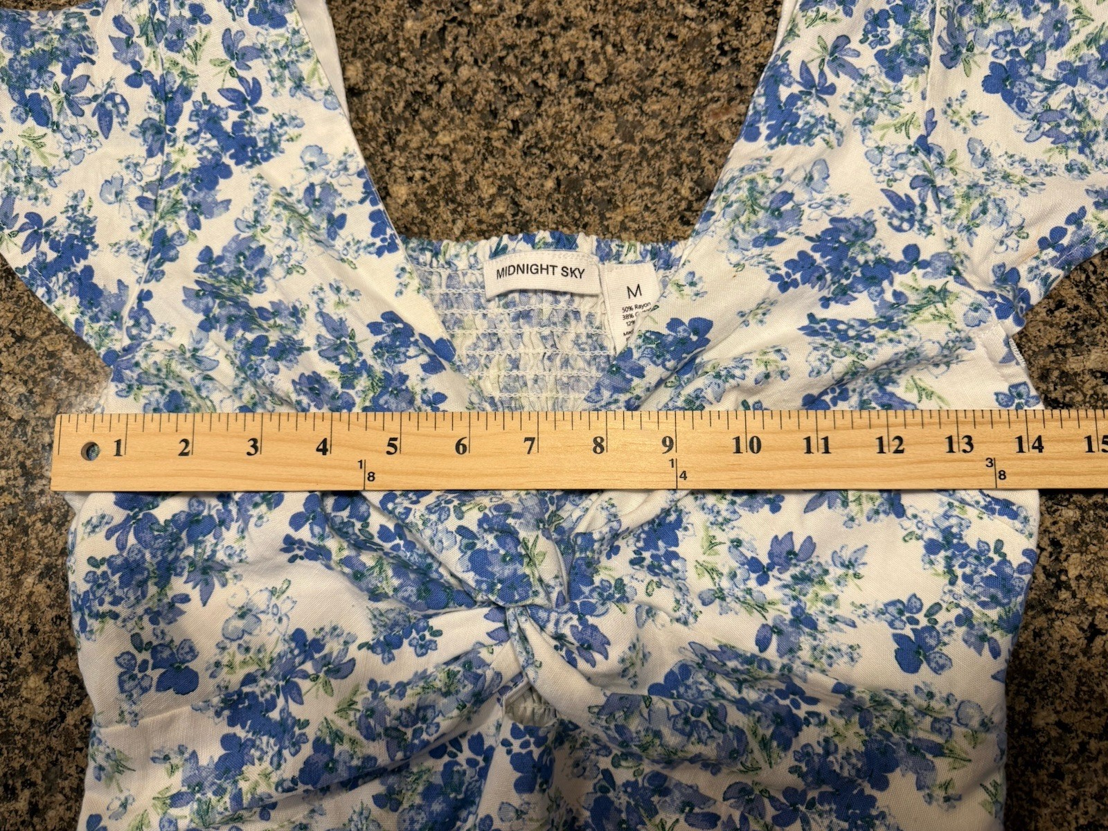 Midnight Sky Cotton Linen Blend Floral Blouse M Blue White Smocked Back V-Neck