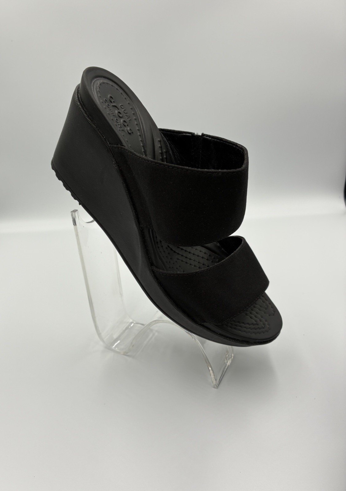 Women’s Crocs Leigh II Cross-Strap Wedge Sandals Black Canvas Platform Slides 8