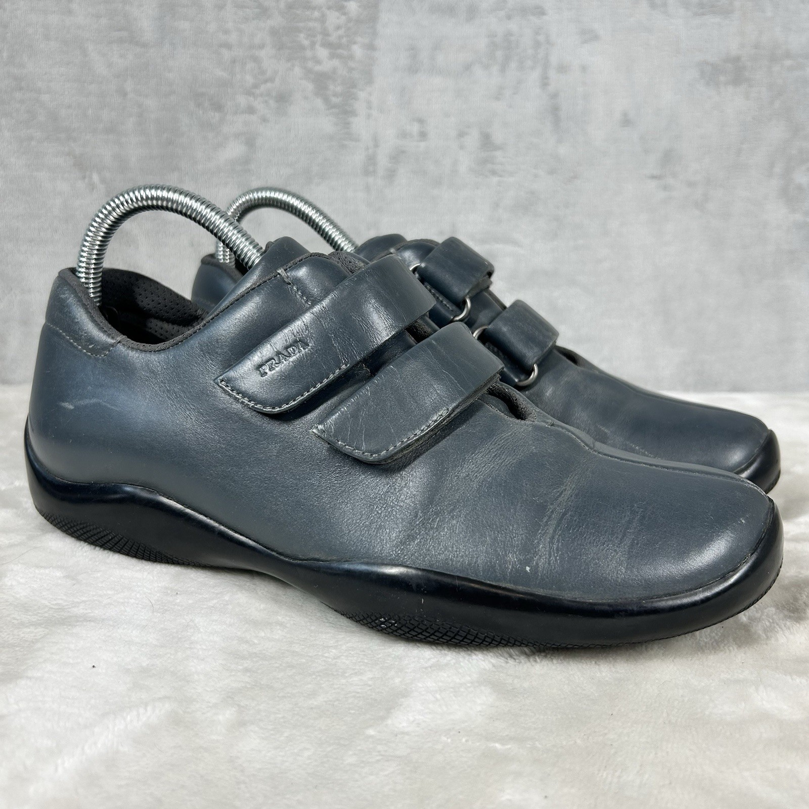 Prada Sport VTG Two Strap Sneaker Grey Leather EU 38.5 US 8.5 Low Shoes Designer
