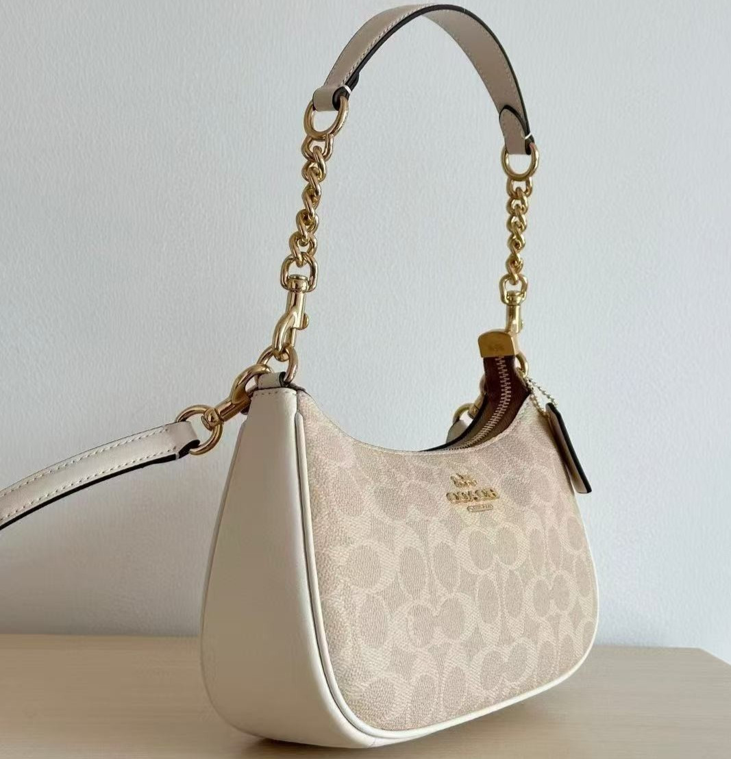 Coach Teri Shoulder Bag In Signature Canvas Silver /Sand/Taupe CV933 NEW