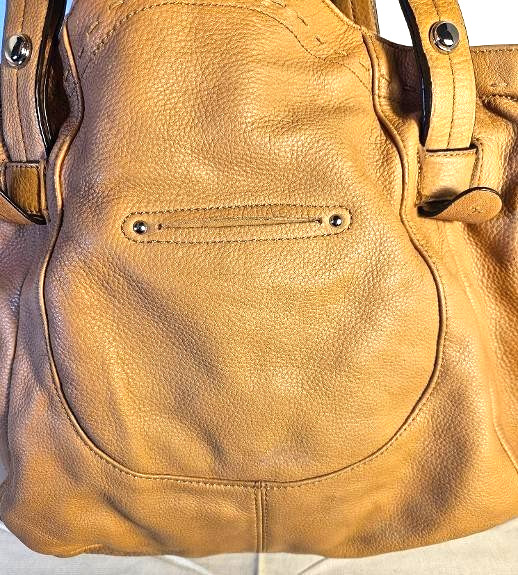 B. Makowsky Tan Pebbled Leather Hobo Shoulder Bag Drawstring Leopard Lining