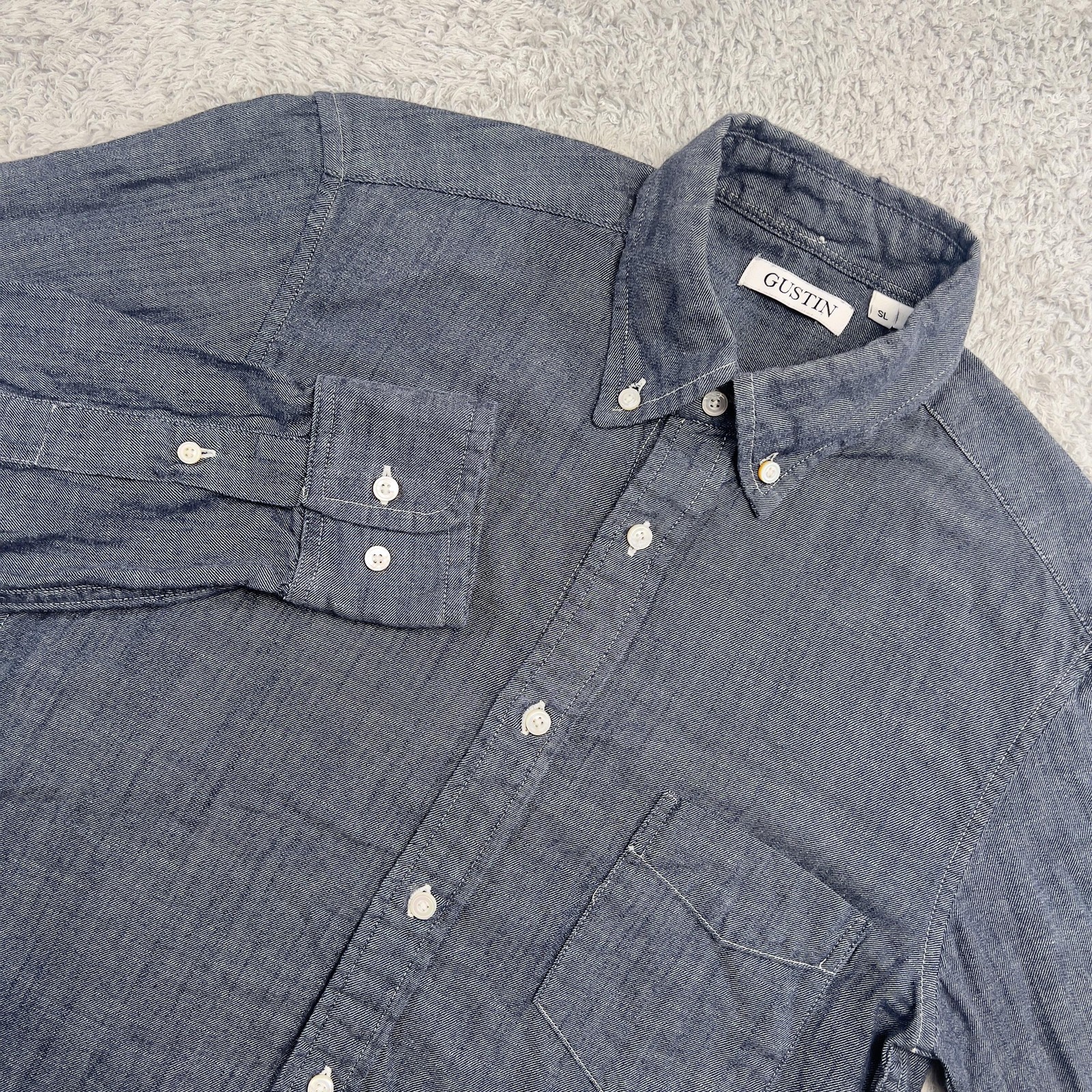Gustin Shirt Mens S Blue Chambray Button Down Slim Fit Made In USA Cotton