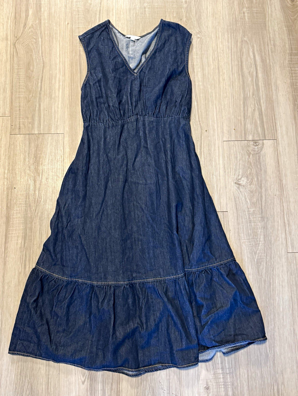 Time and Tru Blue Denim Solid A-Line Midi Dress V-Neck Sleeveless Ruffle L