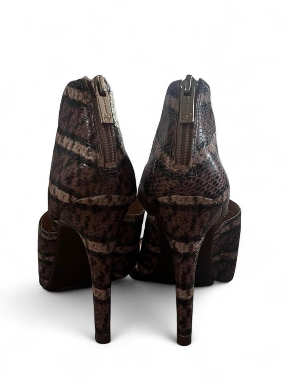 Jessica Simpson Leather Brown/Black Snake Print Strappy Open Toe Zip Heels 6.5