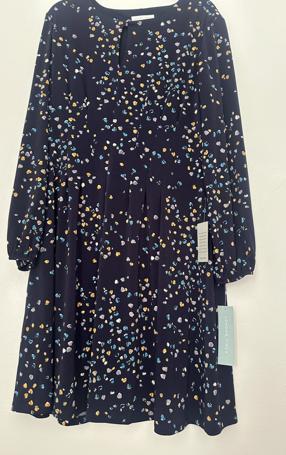 London Times Abstract Print Key Hole Long Sleeve Tucked Dress Size 16 Navy