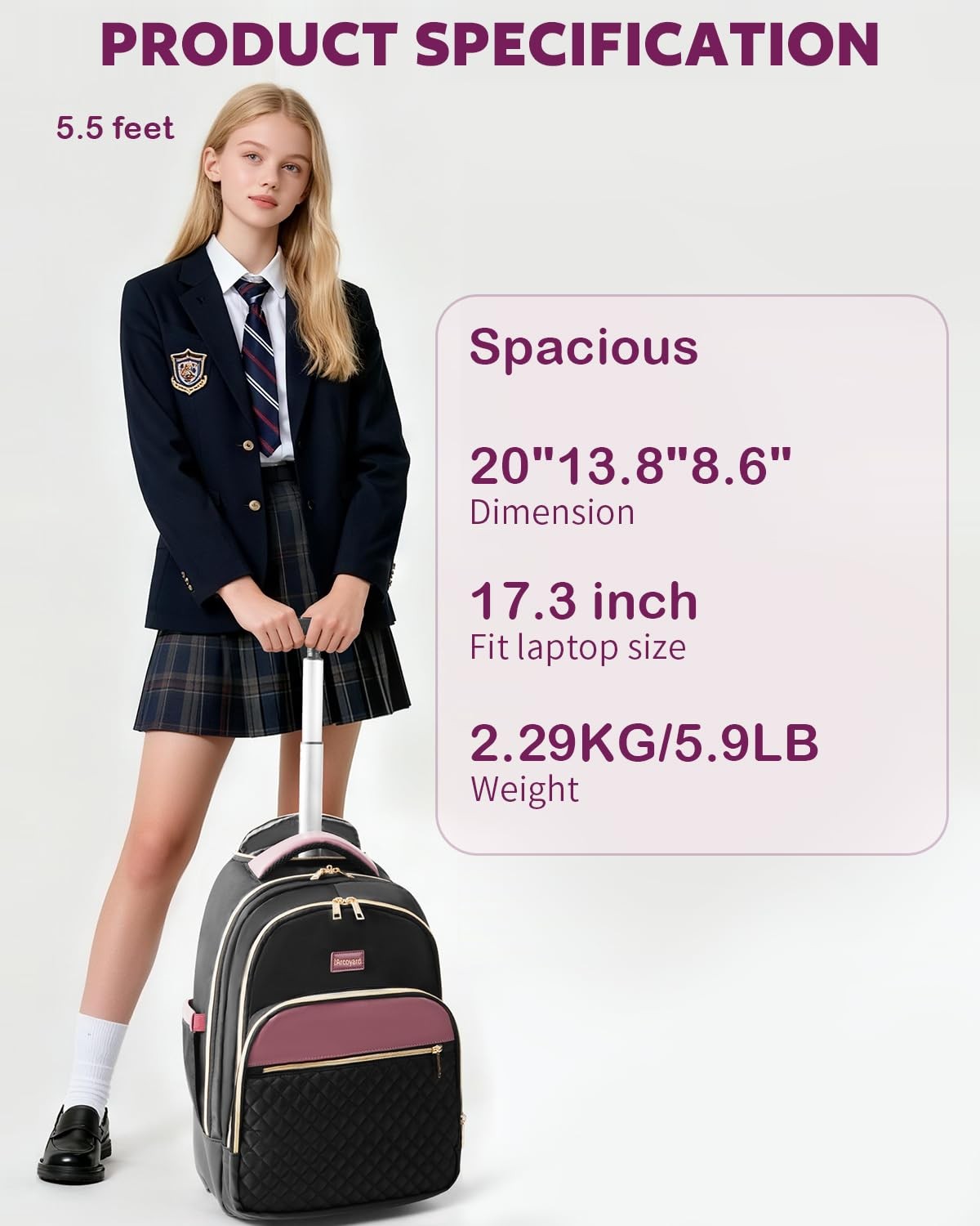 Arcoyard Rolling Backpack, 17 Inch Laptop With Wheels for Women, Black Purple