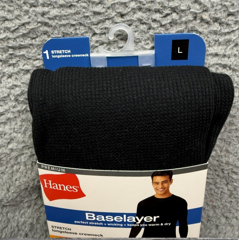 Hanes Baselayer Shirt Mens L 42-44 Black Stretch Longsleeve Crewneck Thermal