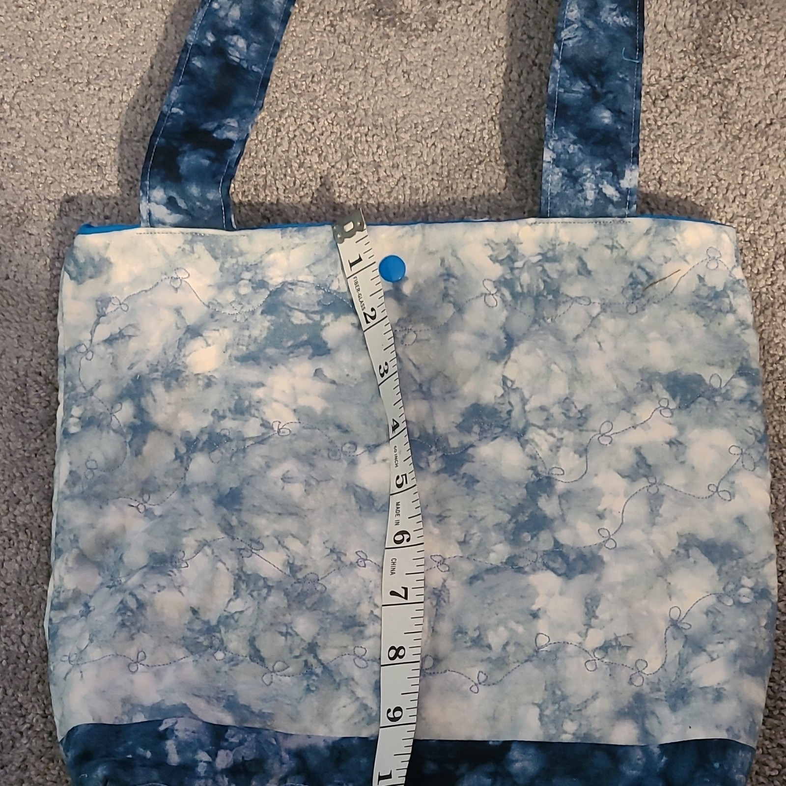 Blue White Marble Tote Bag, Quilted, Snap Closure, Pockets, Blue Lined