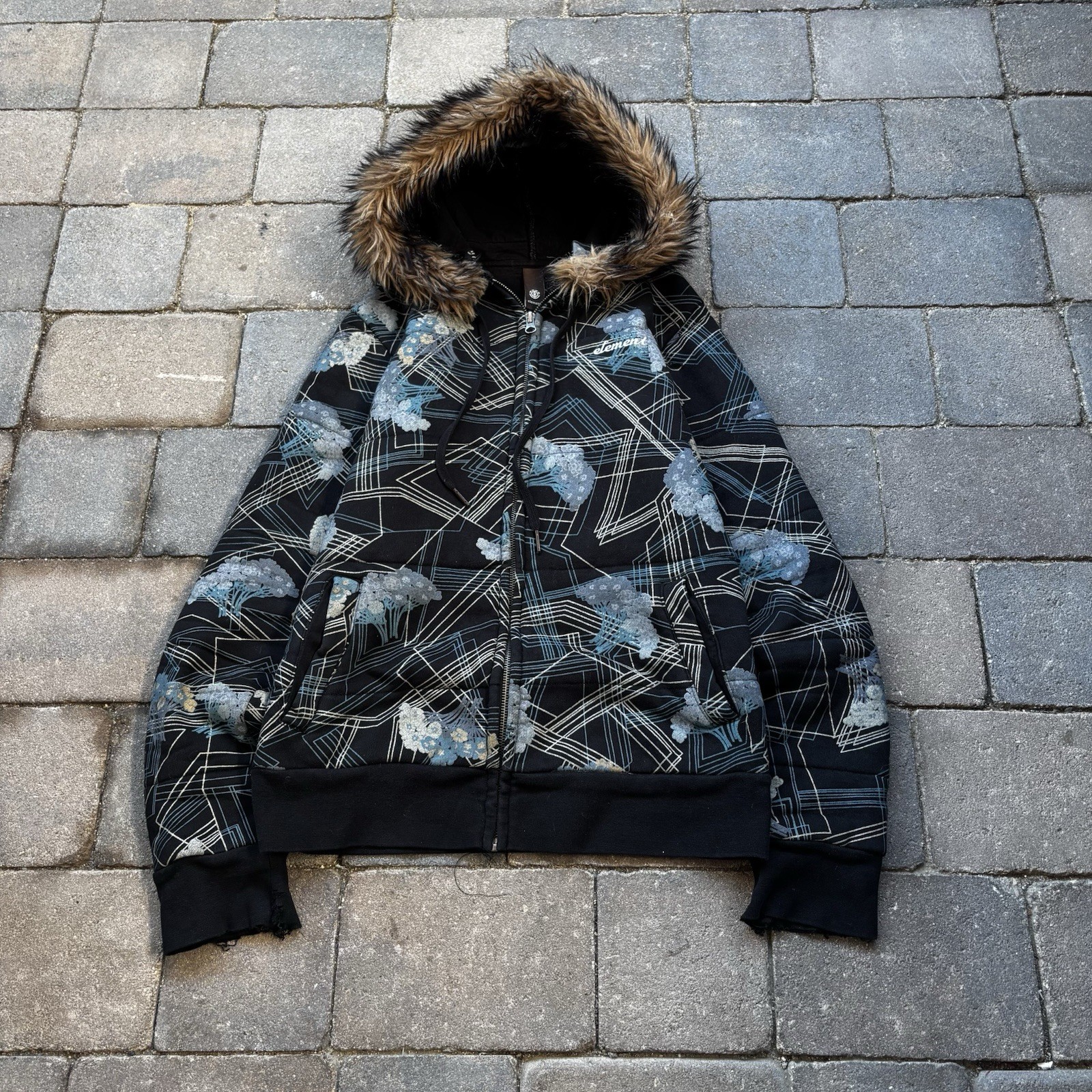 Element Vtg Y2K Faux Fur Hoodie Heavy Zip Up Chore Jacket Womens L Skate Plaid