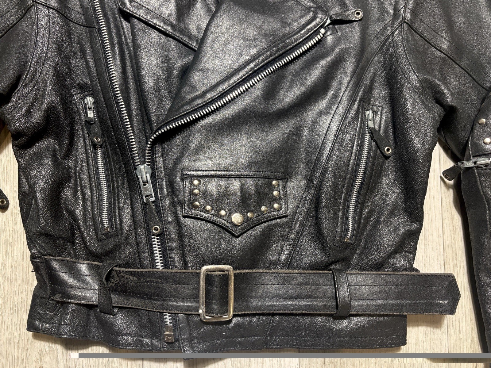 VTG 80s 90s Open Road Studded Leather Moto Jacket Brando Punk Biker Belted M