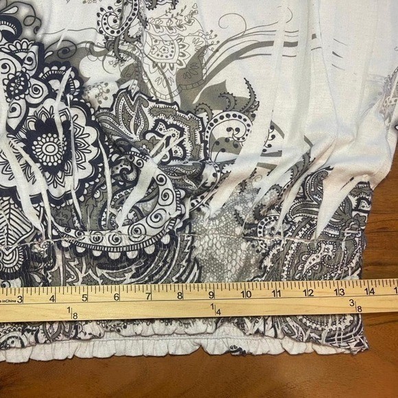 Navy White Paisley Medallion Blouson Top Smocked Waist Dolman Sleeve Boho