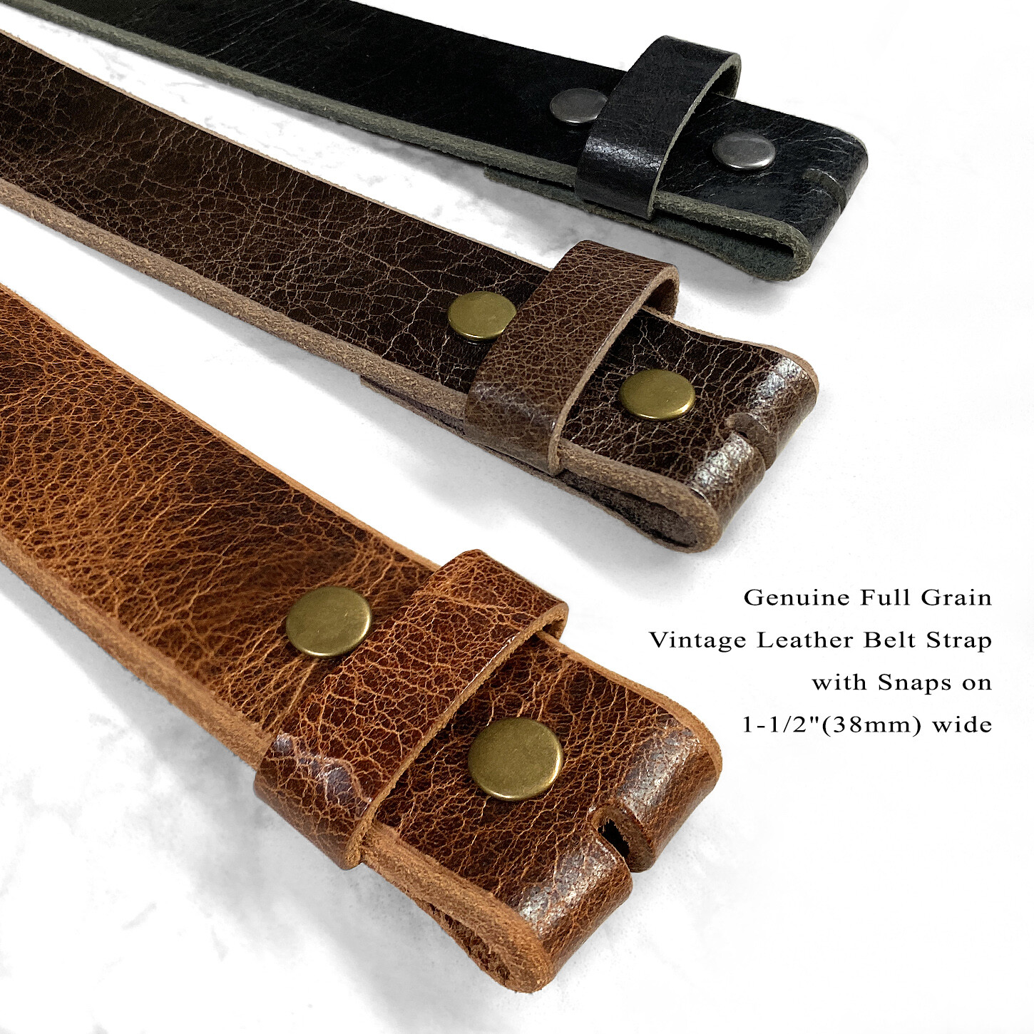 BELT STRAP SNAP ON FULL GRAIN ONE PIECE LEATHER UNISEX BELT-BLACK, BROWN, OR TAN
