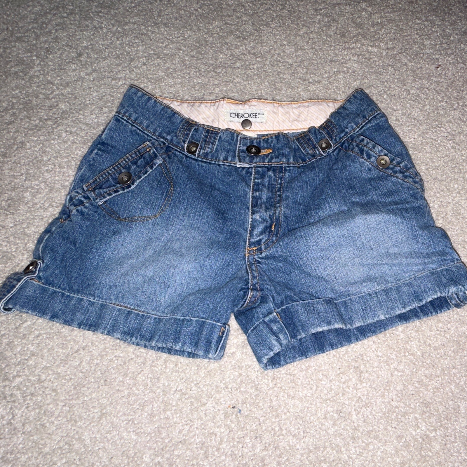 Cherokee Juniors Girls Blue Denim Shorts L 10/12 Mid Rise Cuffed 5-Pocket