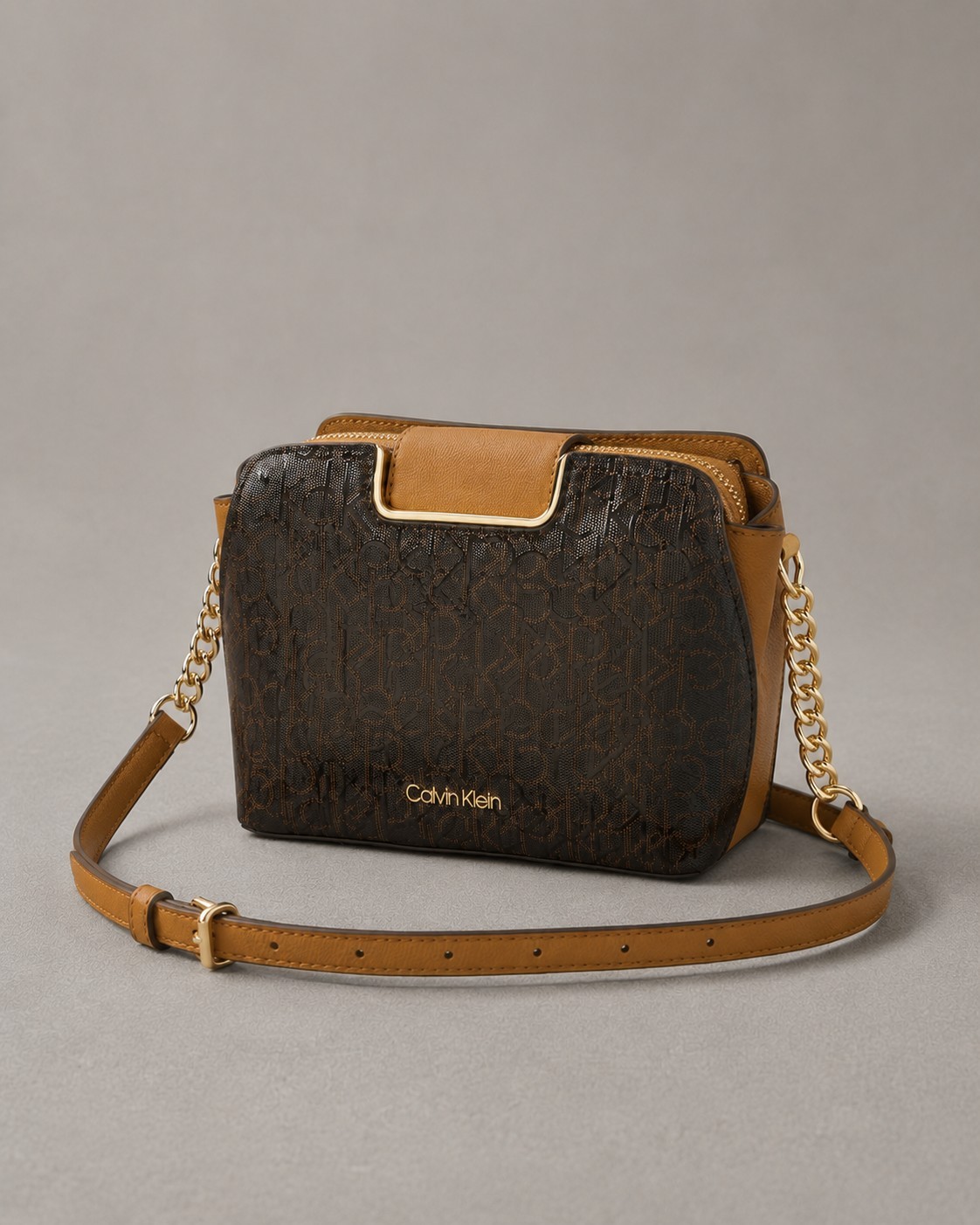 Calvin Klein Brown Monogram Crossbody Bag Zip Gold Chain Tan Adjustable Strap
