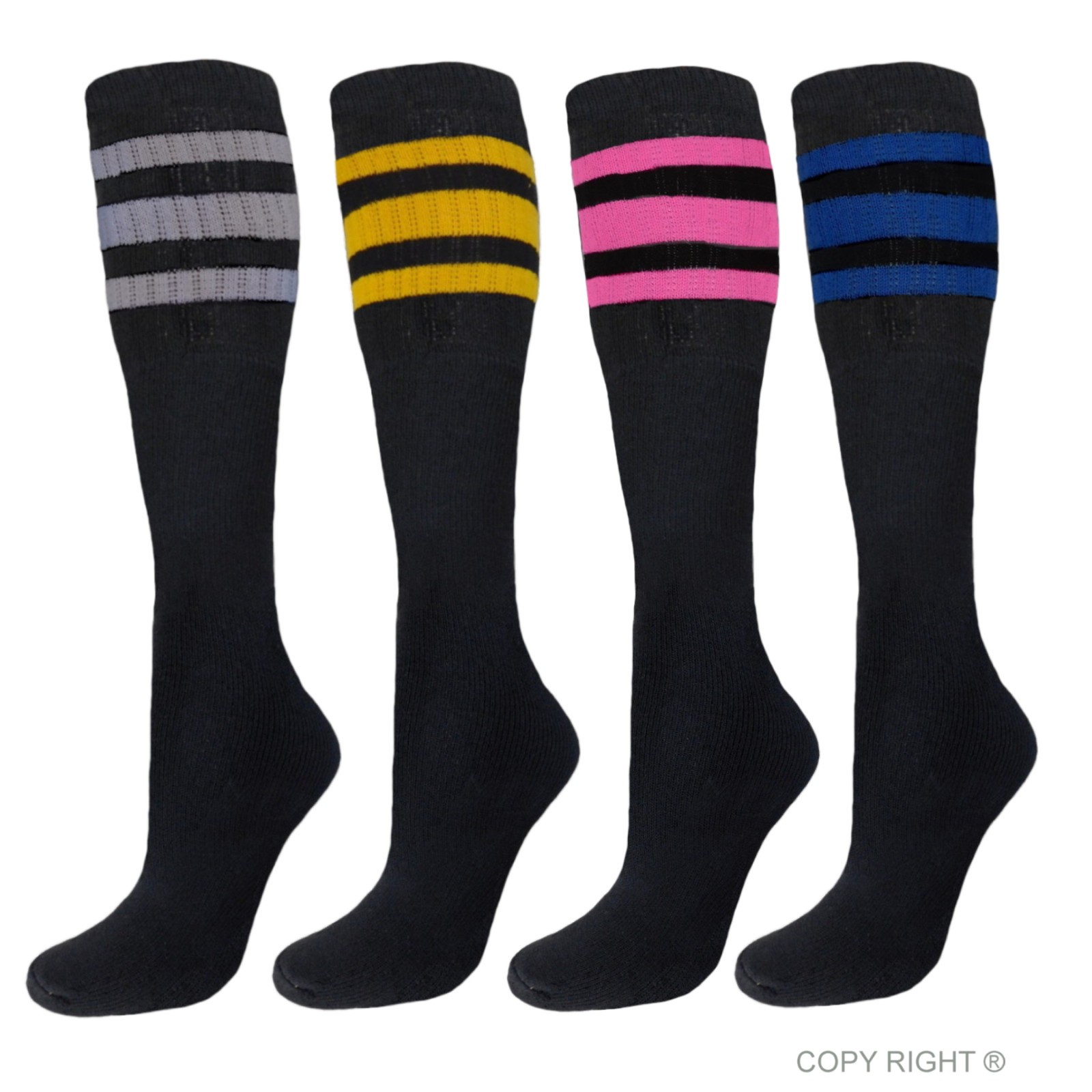 4PK TUBE SOCKS COTTON 22 INCHES OLD SCHOOL SOCKS BLACK ASSORTED STRIPED COLORS