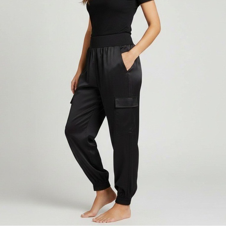 Cinq a Sept Giles Black Cupro Cargo Joggers High Rise Satin Pants Women Large