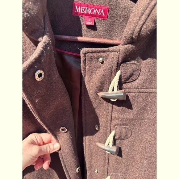 Toggle Coat Women Small Brown Excellent Hooded Wool Blend Duffle Jacket