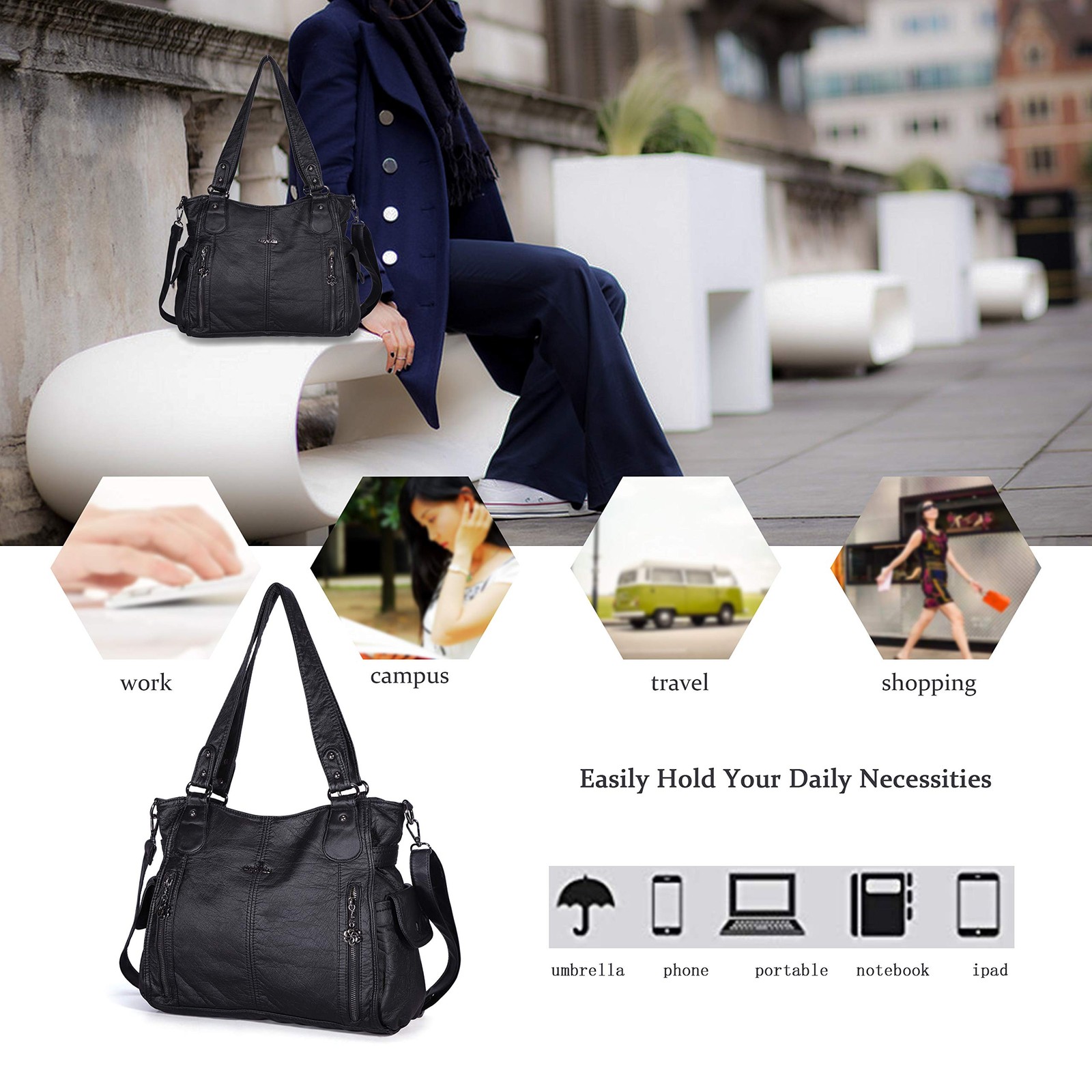 Handbag Hobo Women Shoulder Bag/Handbag Roomy Multiple Pockets Large, A-black