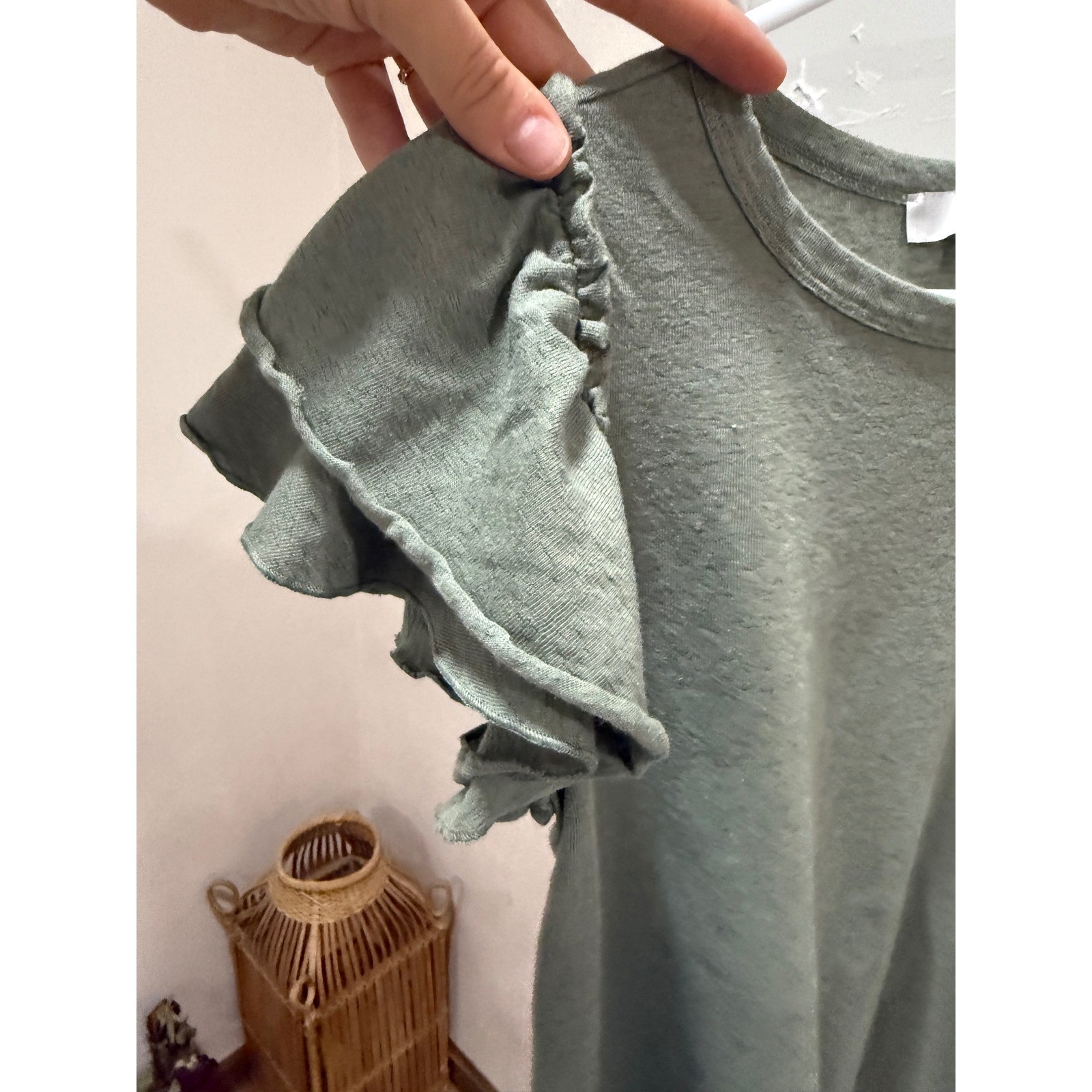 LOFT Womens Sage Green Ruffle Flutter Sleeve Crew Neck Knit Top Size M