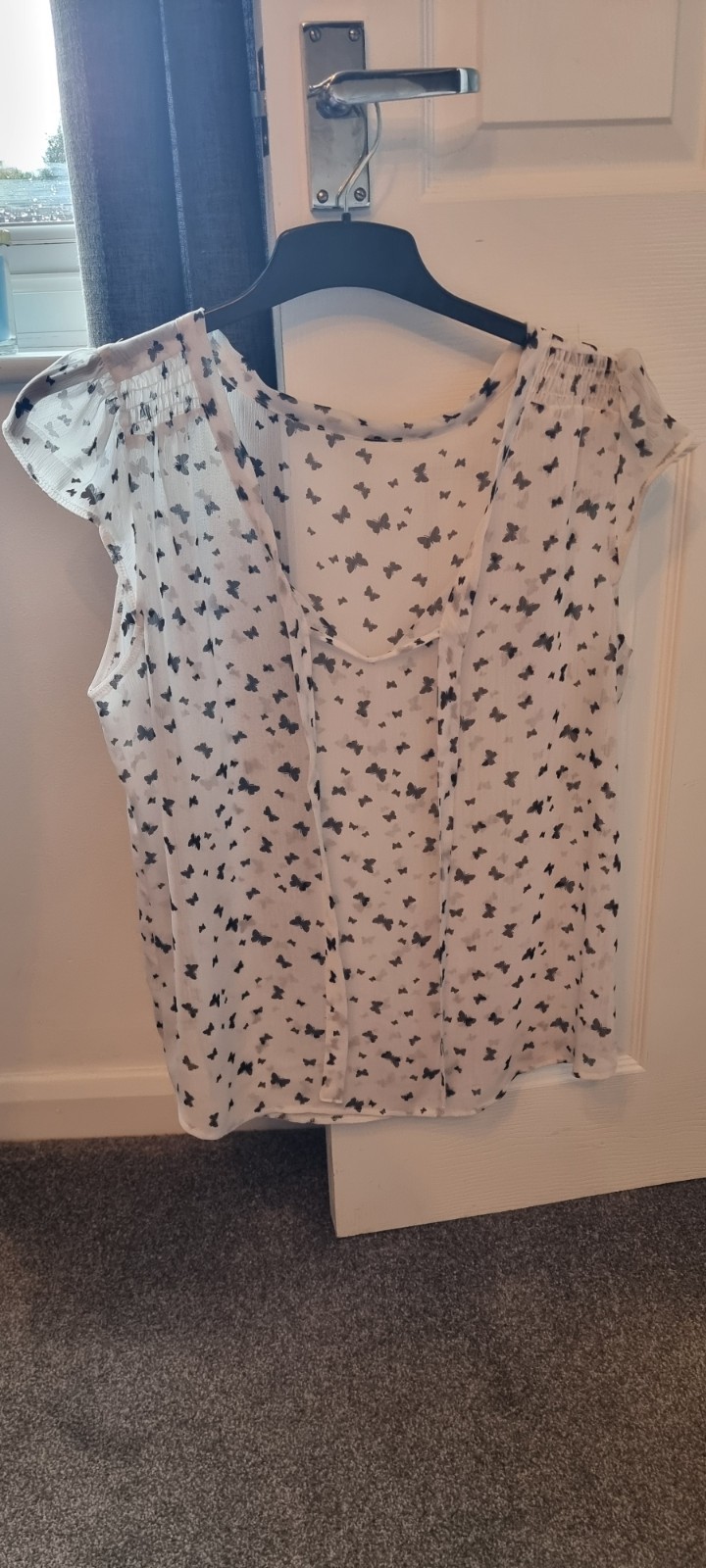 White Butterfly Print Sheer Scoop Neck Blouse with Back Tie Detailing