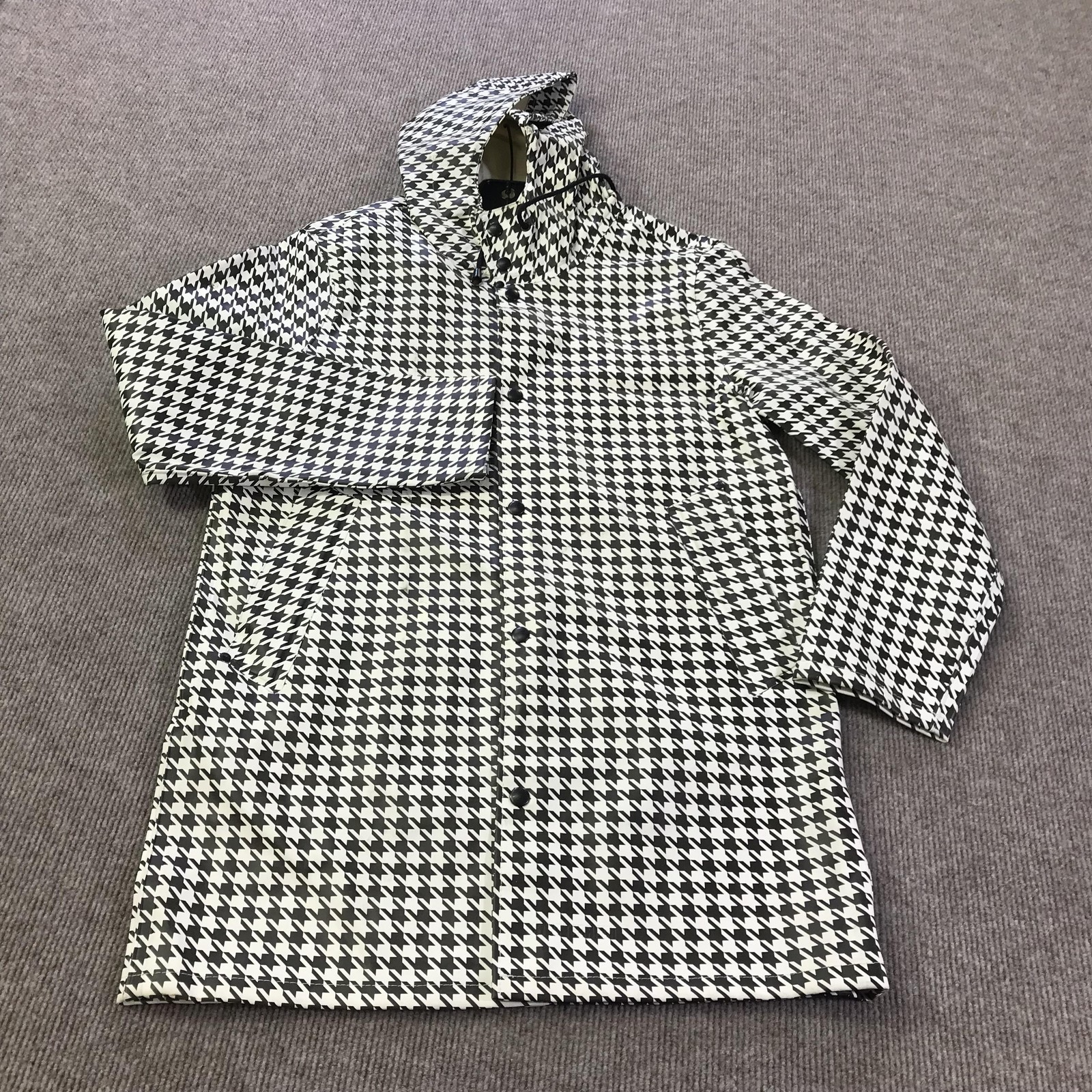 Stutterheim Raincoat Jacket Mens XS Black White Houndstooth Hooded Rain Parka