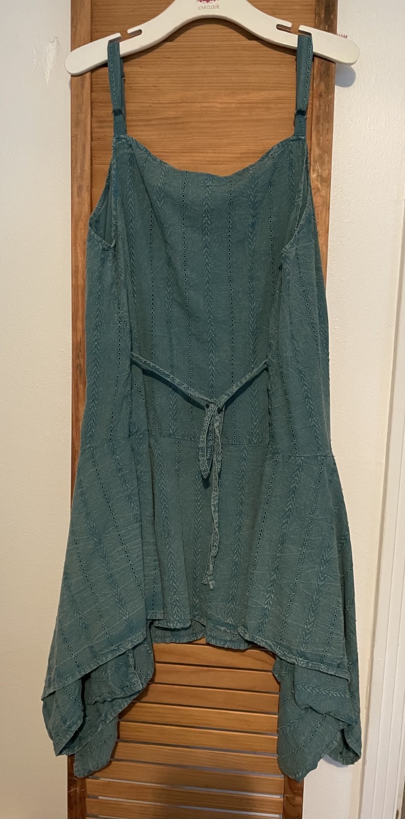 SALE Krista Larson Eucalyptus Teal Cotton Eyelet Asym Hem Pinwheel Dress OS