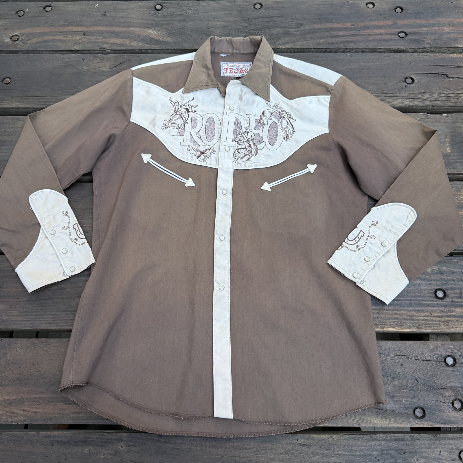 Tejas Autentica Vaquera Rodeo Western Shirt Brown Snap Men’s Size 38