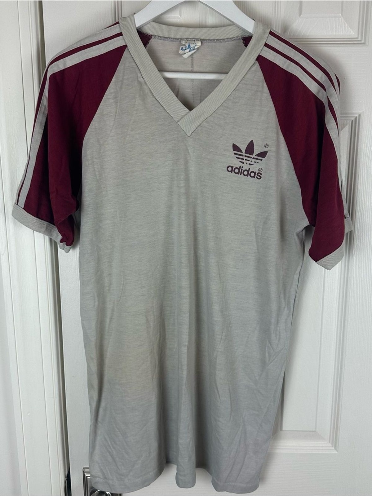 Vintage 80’s Adidas Gray Tee with Burgundy Raglan Sleeves and Trefoil Logo