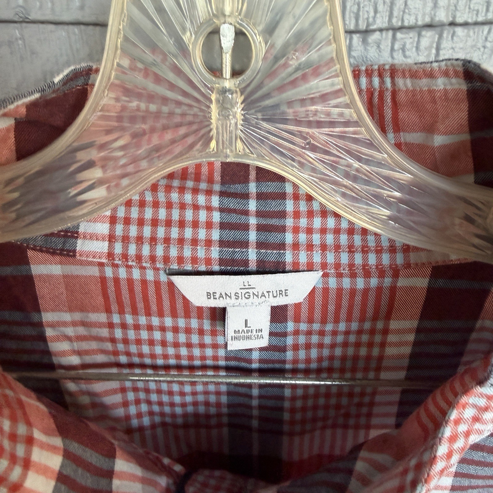 LL Bean Signature Pullover Top Women’s Large Gray Orange Plaid Cotton Collar