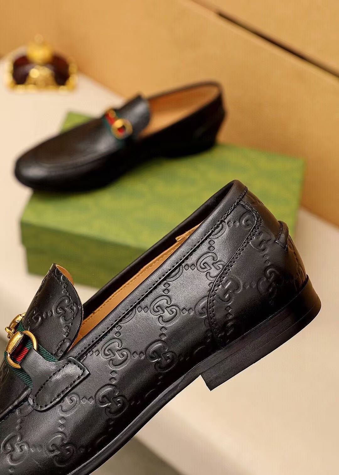 Gucci Men’s Horsebit Web GG Loafers Black Leather Slip On Dress Shoes