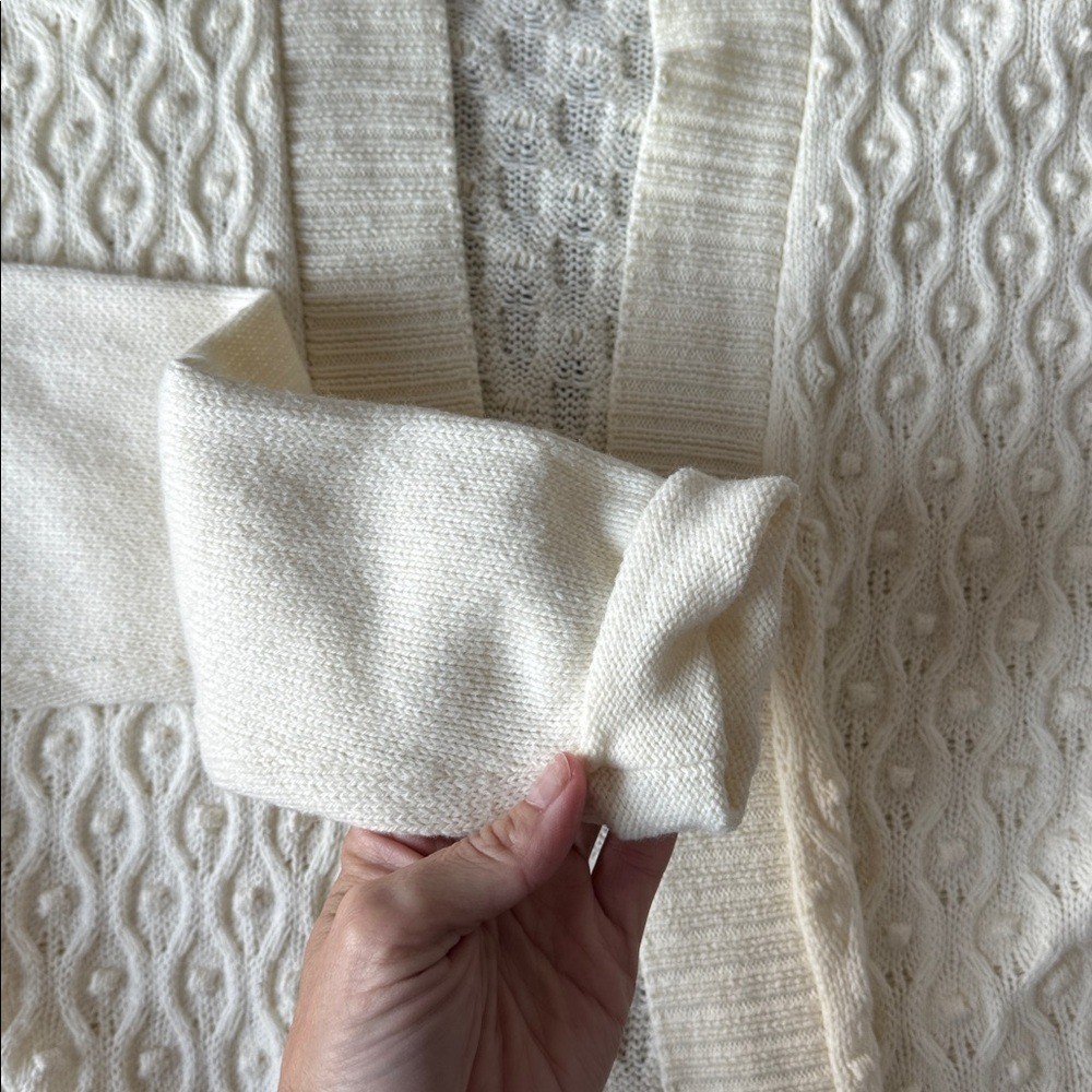 Talbots Cable knit Open Front Long Line Split Hem Cashmere Blend Cream Chunky MP