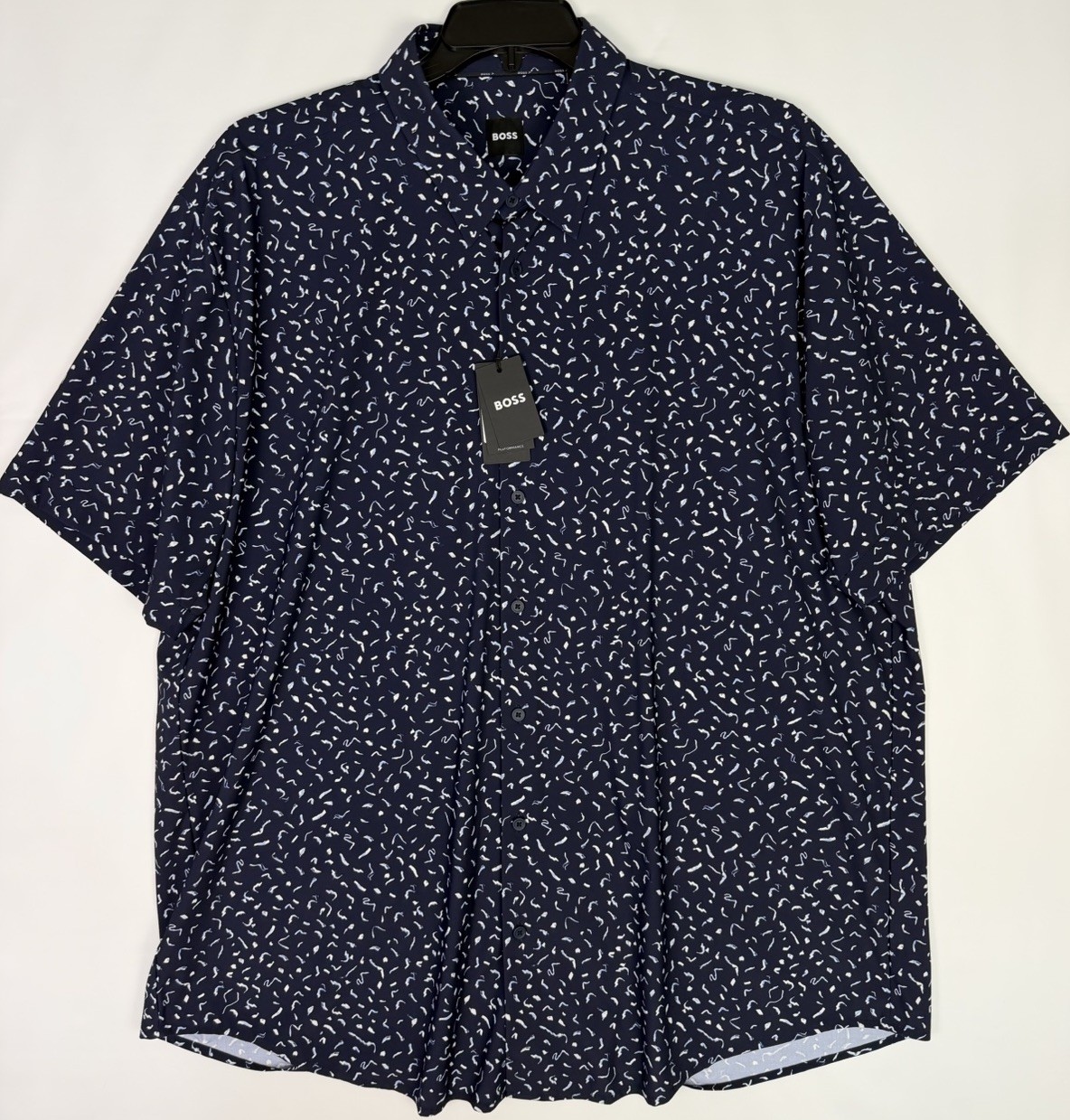 Hugo Boss Roan Performance Shirt Men’s 3XL Dark Navy Blue Print S/S $158 NWT