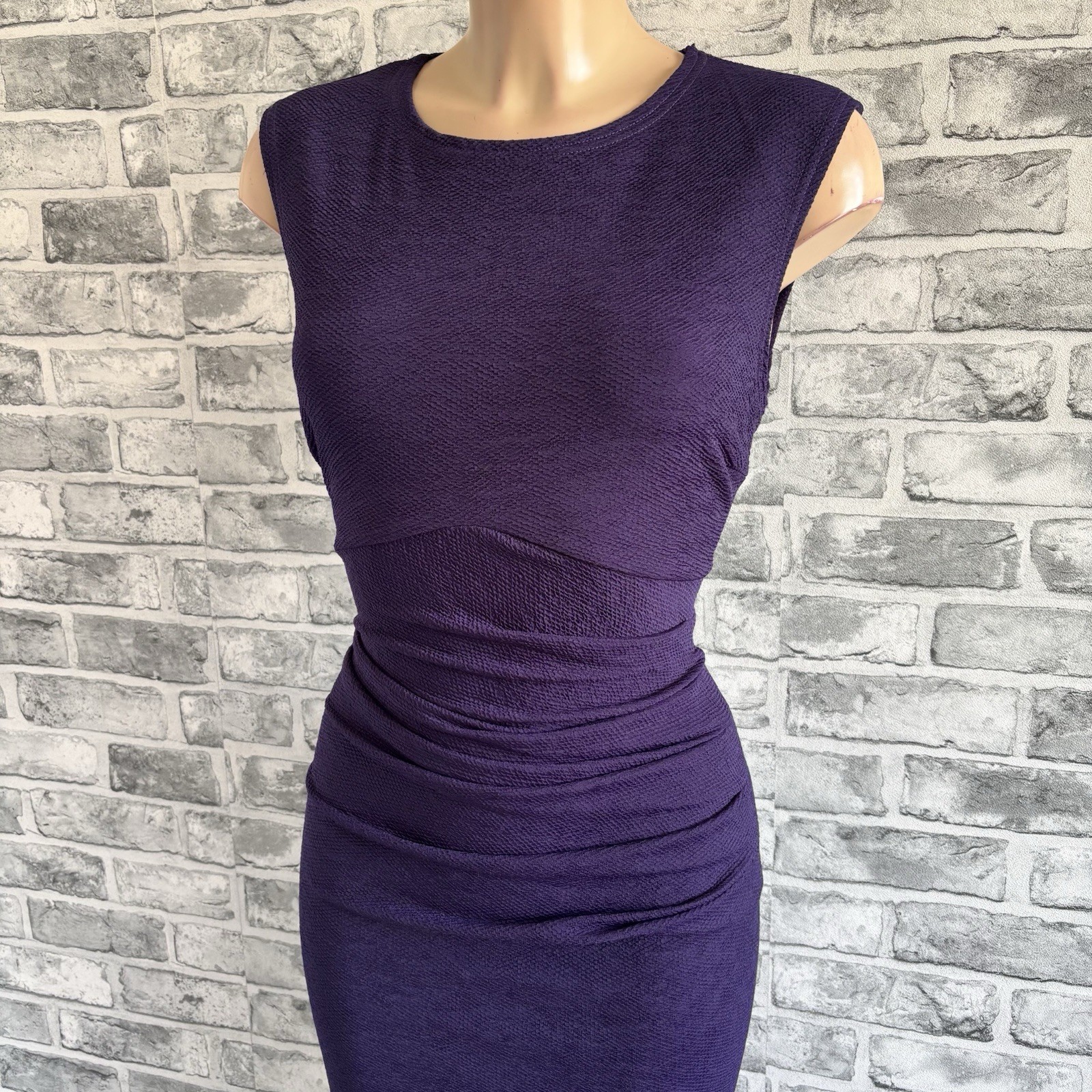 014 Purple Ruched Smart Casual Pencil Knee Length Dress