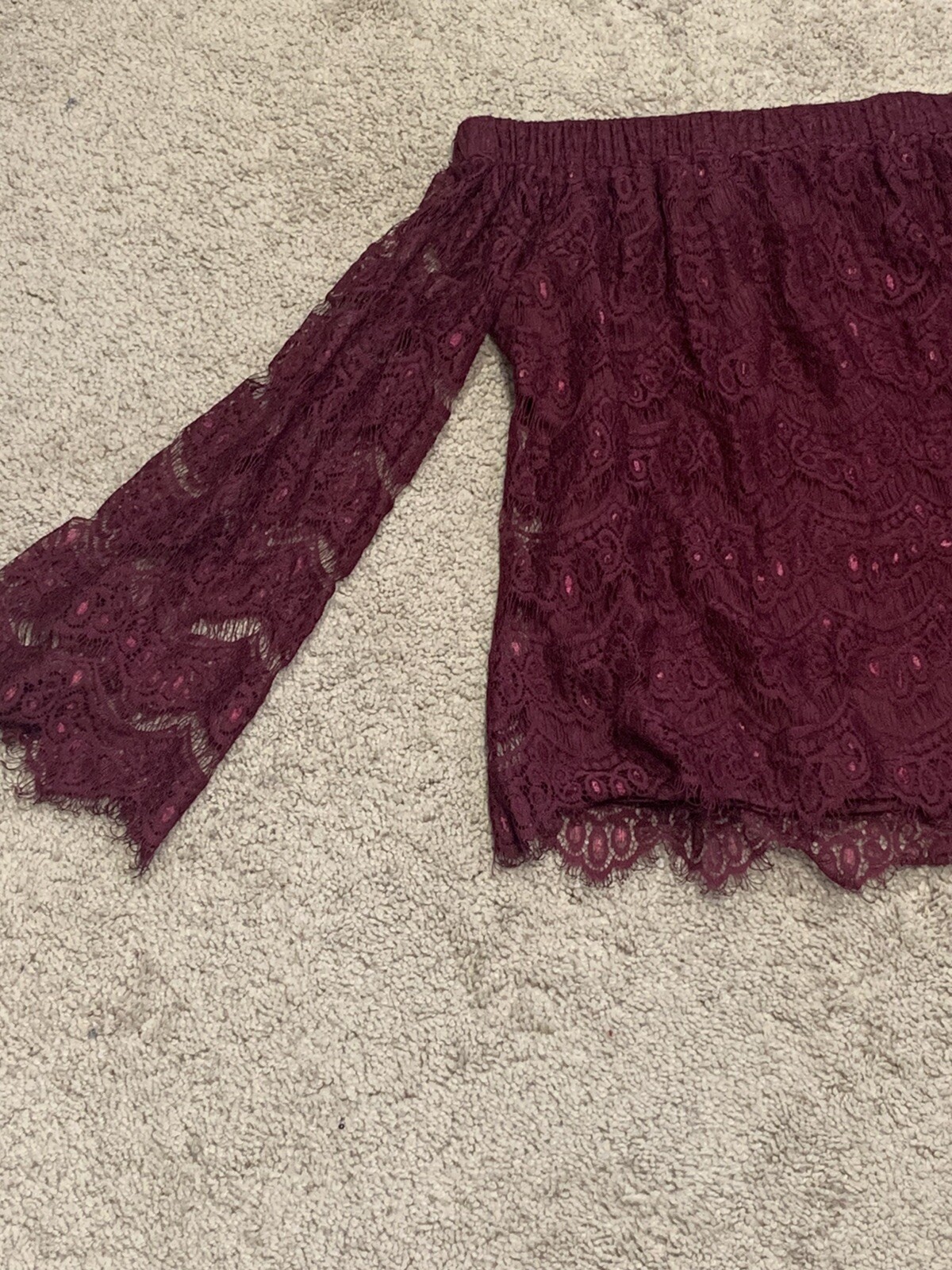 Love Fire Womens Shirt Size S/P Wine colored Lace Off the Shoulder Long Sleeve
