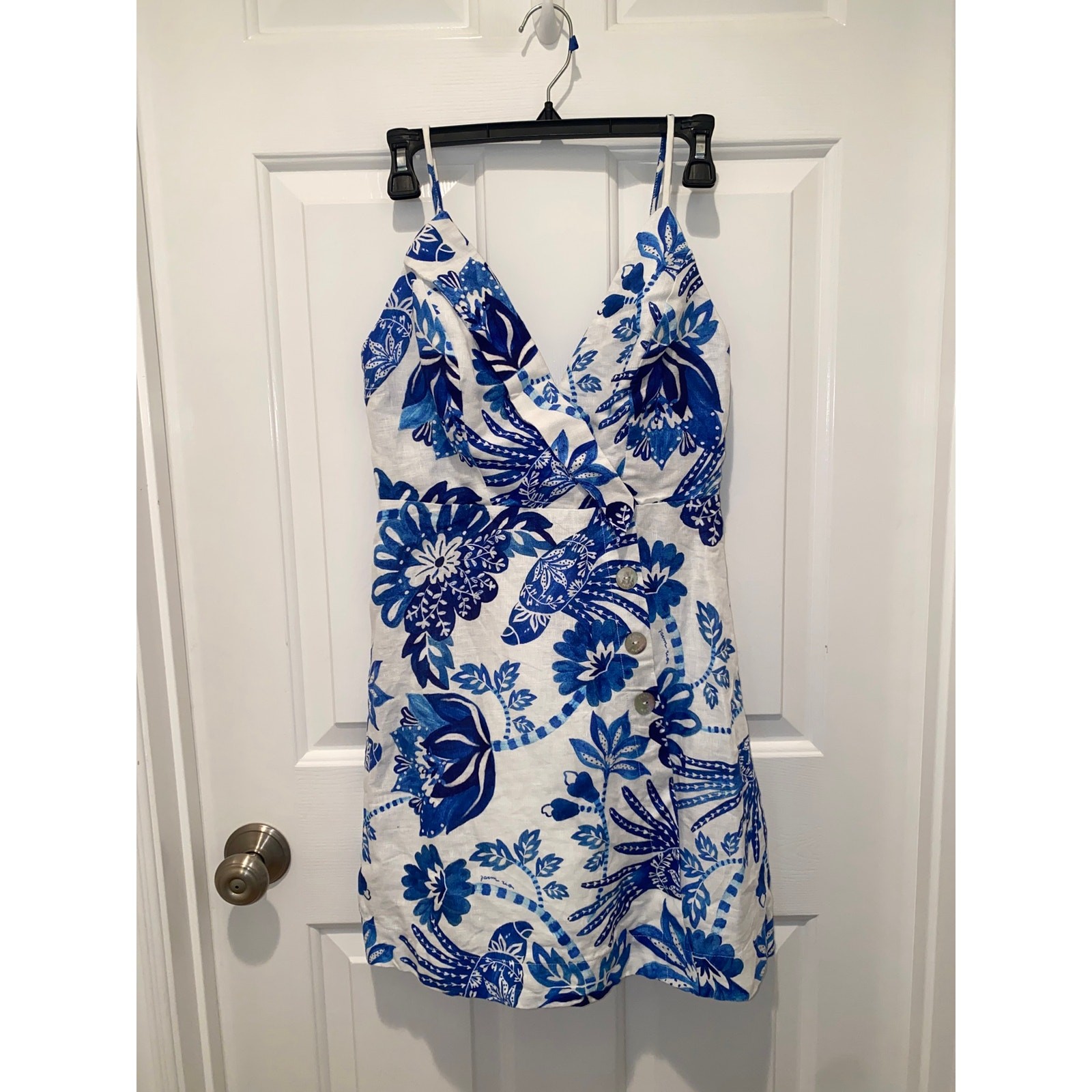 Farm Rio Floral Birds Sleeveless Mini Dress Blue/White Linen Size XS