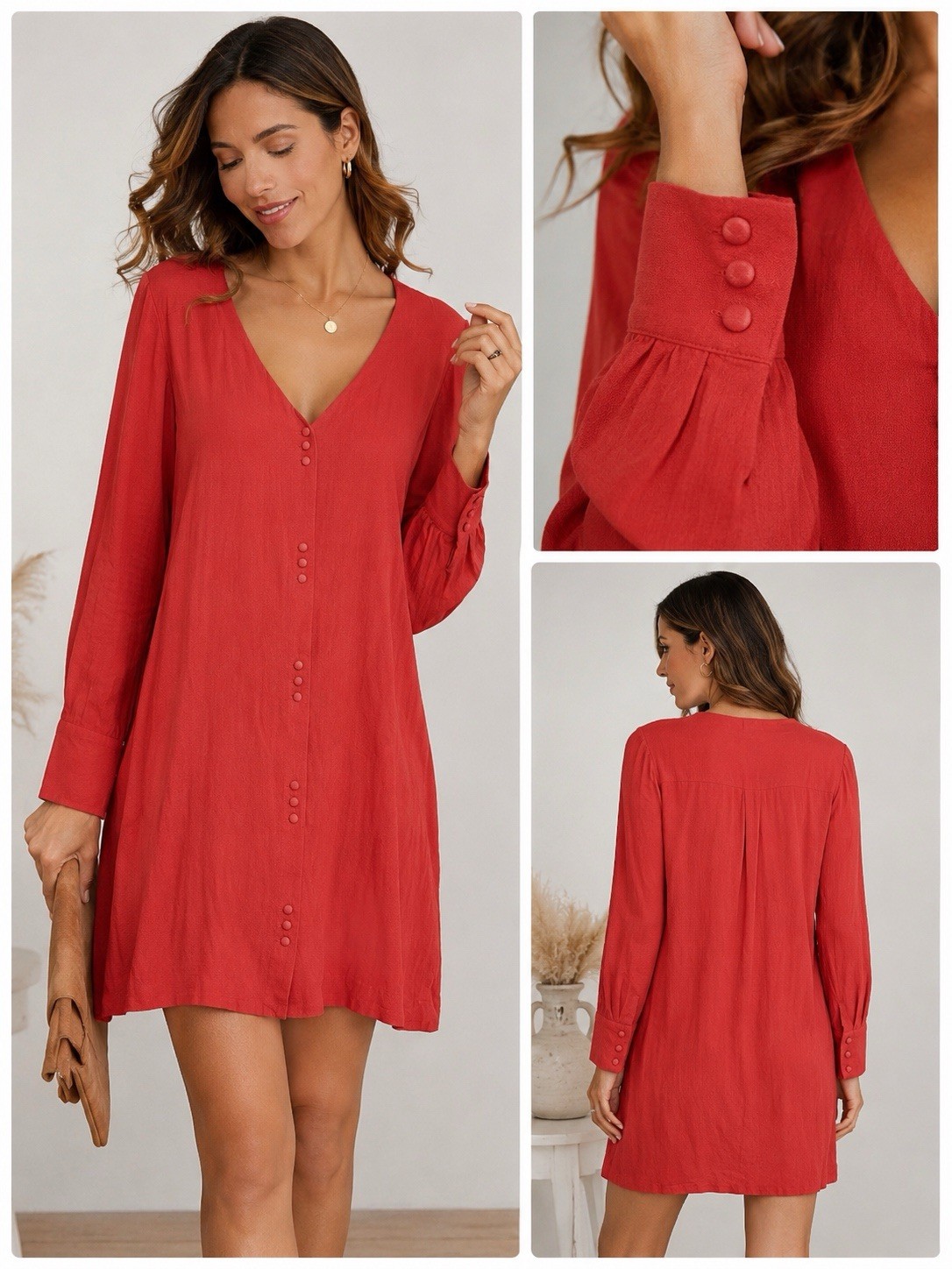 Madewell Red V-Neck Button Front Long Sleeve Shift Short Dress Viscose M