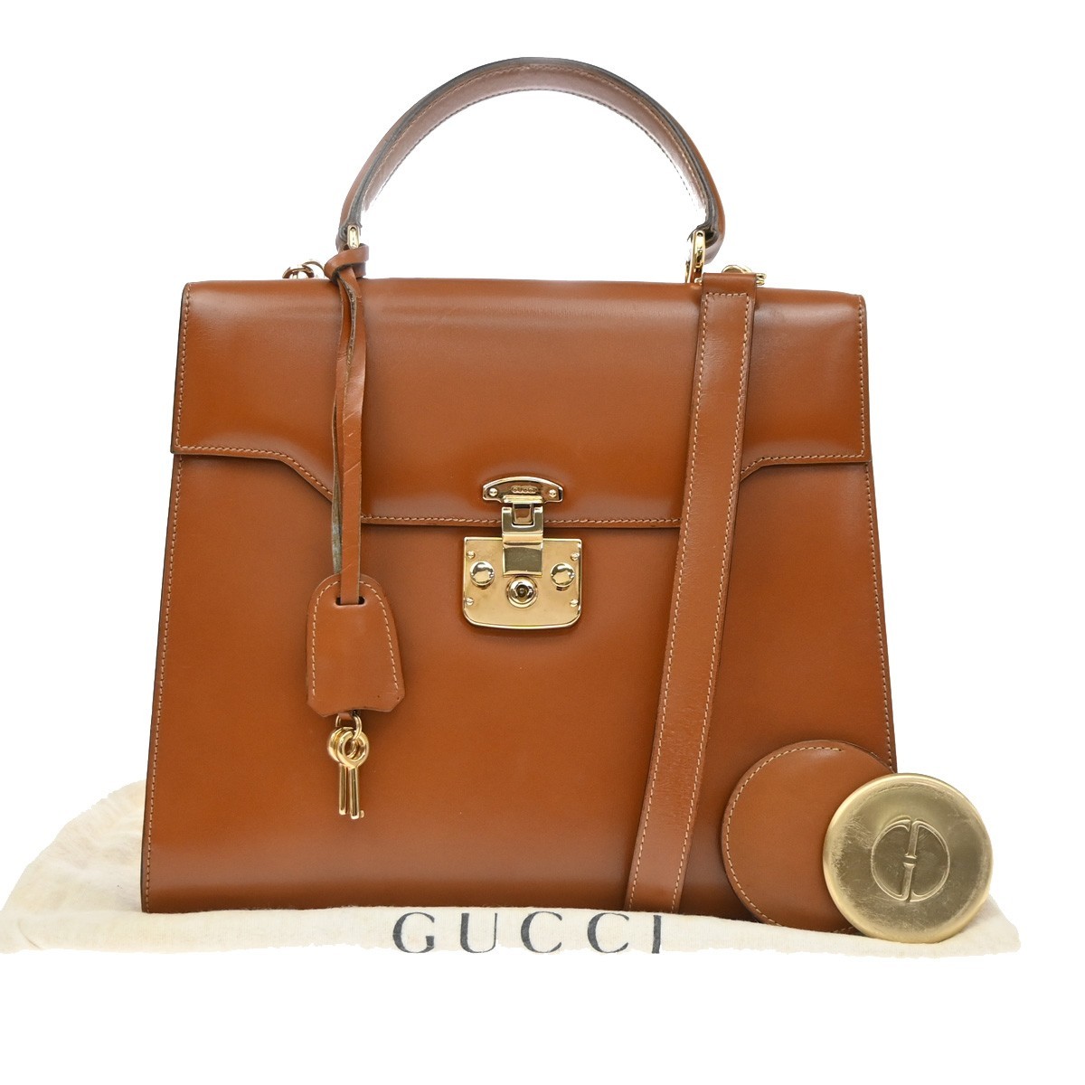 GUCCI Lady Lock 2Way Shoulder Hand Bag Leather Brown Gold Italy 76CB076