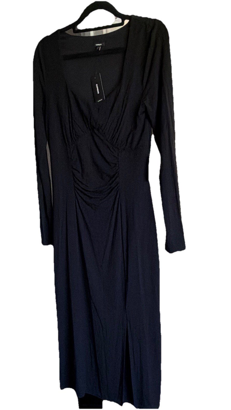 Express Women’s Black Solid V-Neck Long Sleeve Sheath Midi Dress Size S