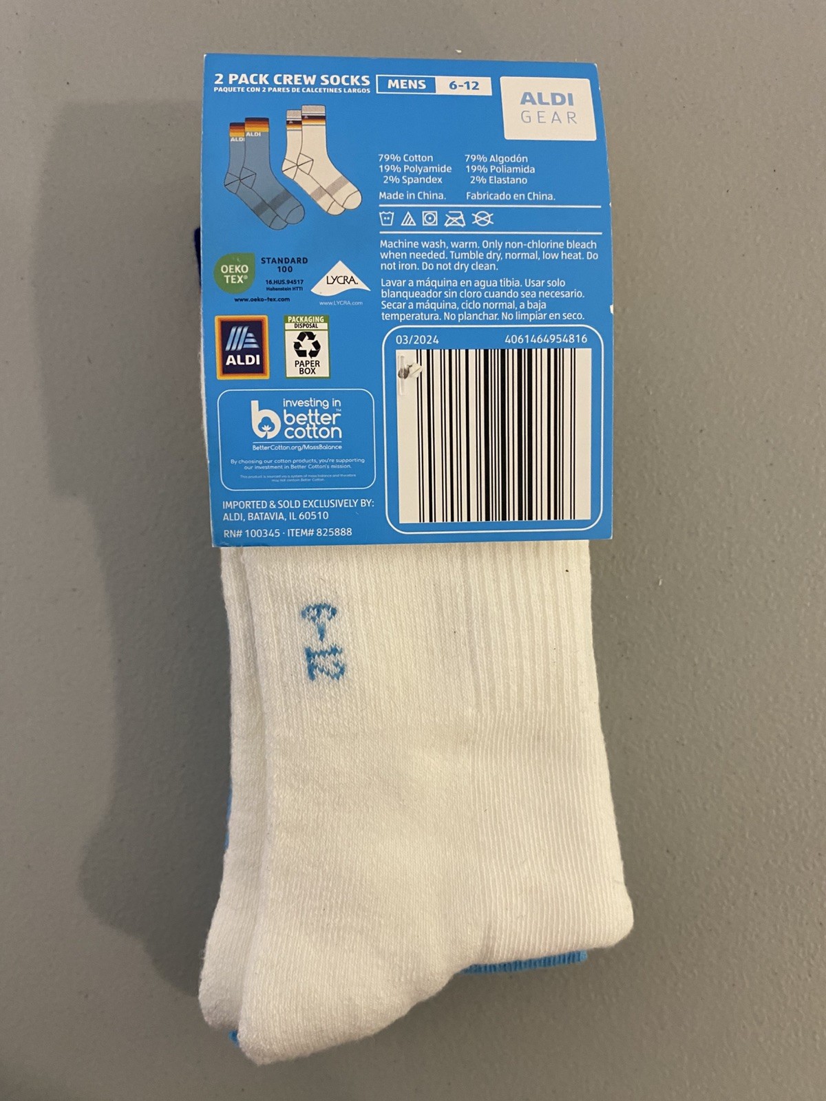 ALDI GEAR Mens Crew Socks 2 pack 2024 Blue & White Size 6-12 men’s NWT