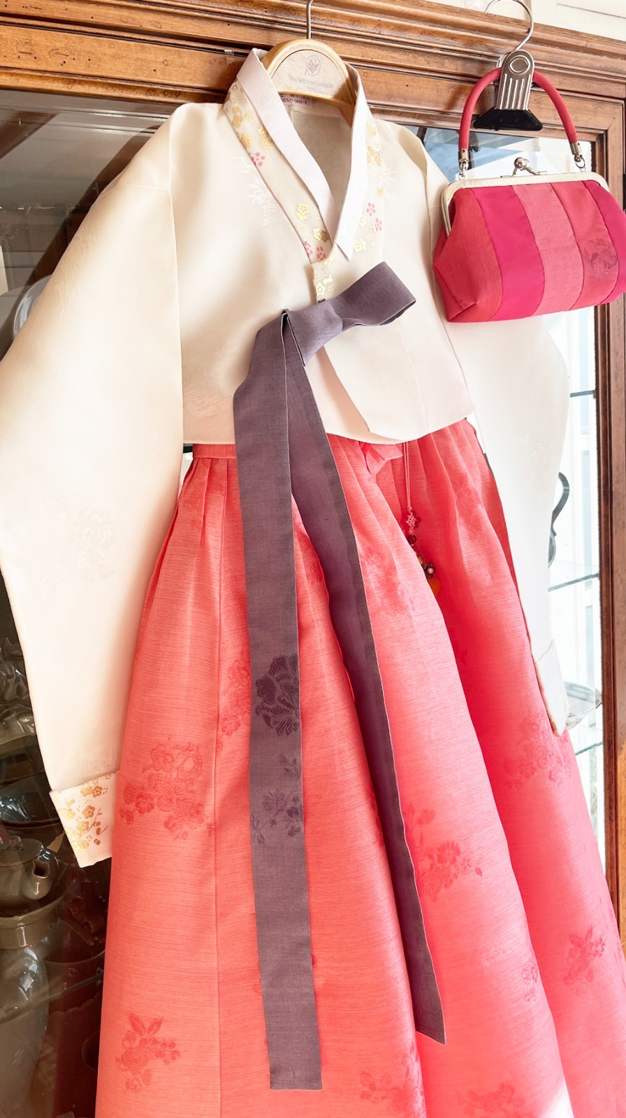 Korean Traditional Dress Hanbok Set-Ivory Jacket & Orange Skirt Bag & Petticoat