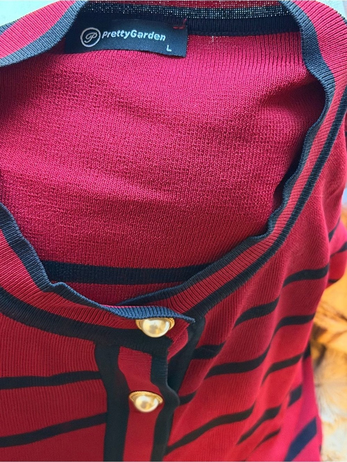 PrettyGarden Red Black Striped Pearl Button Knit Cardigan Top L