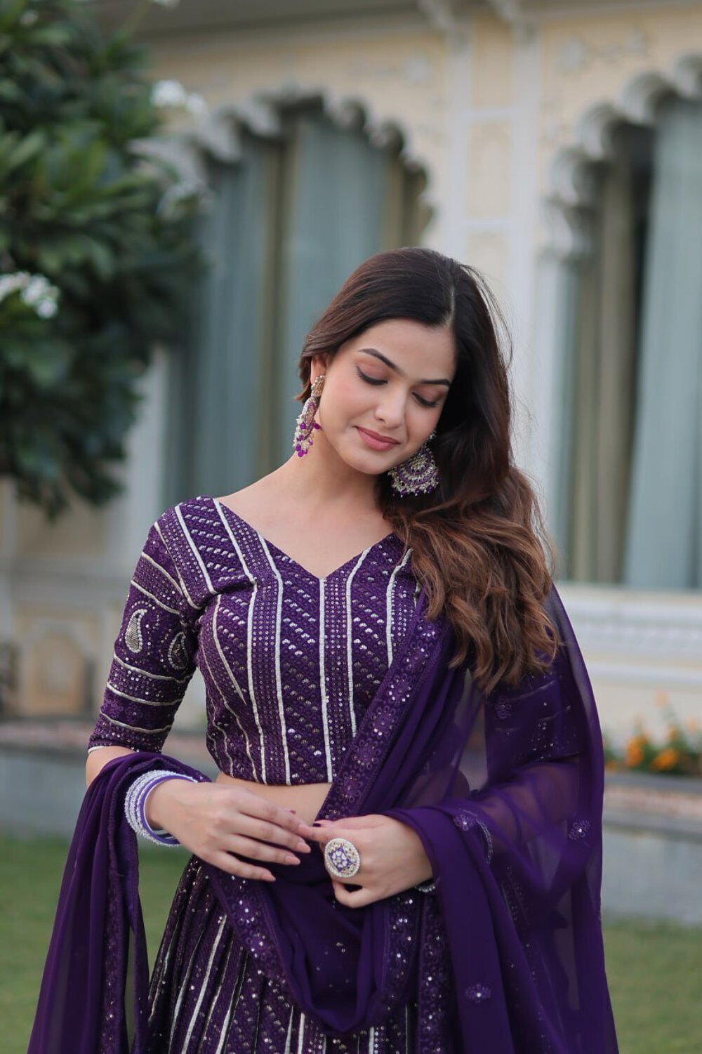 Purple Designer Dyeable Pure Viscose Jacquard fabric Lehenga Choli & Dupatta Set
